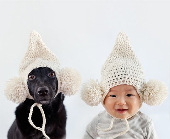 мальчик и собака в шапках с бумбонами