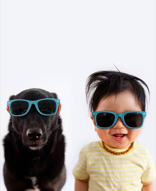 мальчик и собака в солнцезащитных очках